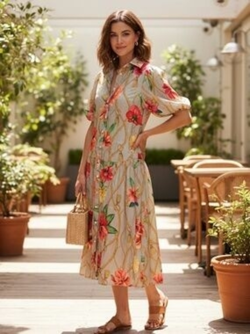 Button-Front Floral Midi Dress in Cream and Coral
